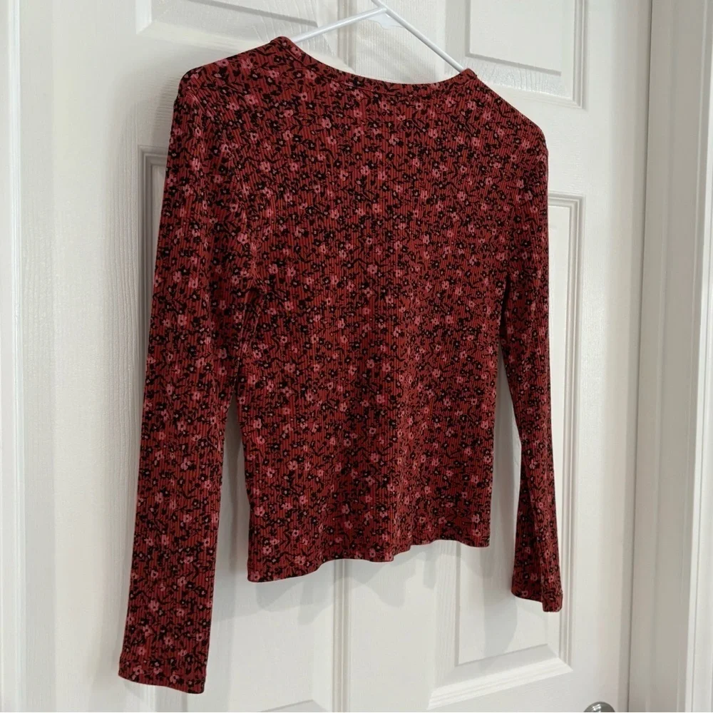 Old Navy Girl Fitted Ribbed Burgundy Black Floral Button-Up Top Sz XL 14/16